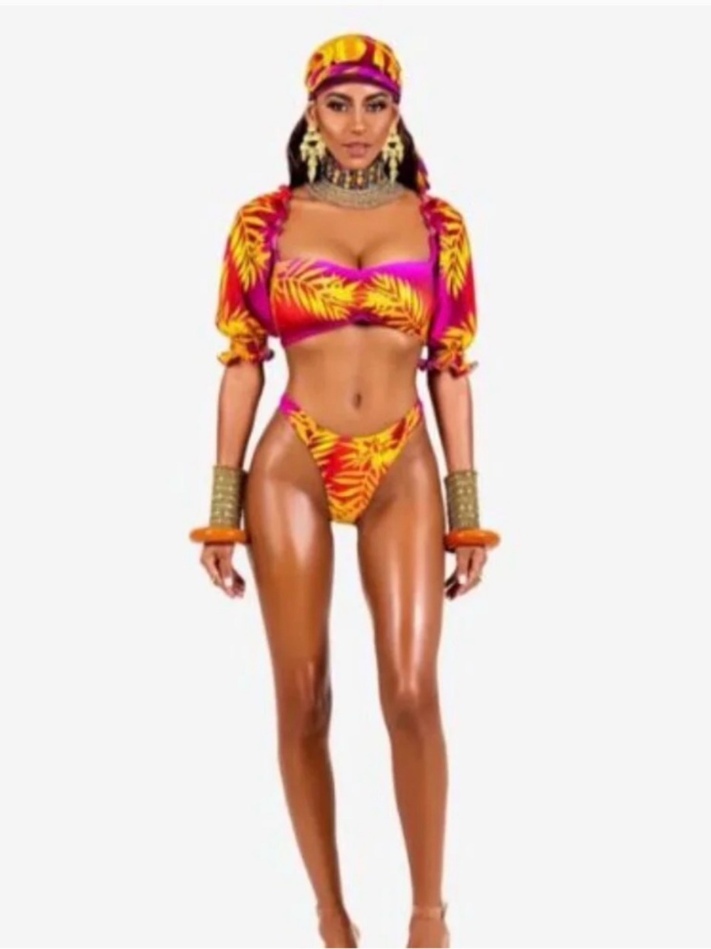 High-Waist Off-Shoulder Bikini Set in Fuchsia & Yellow Palm Print